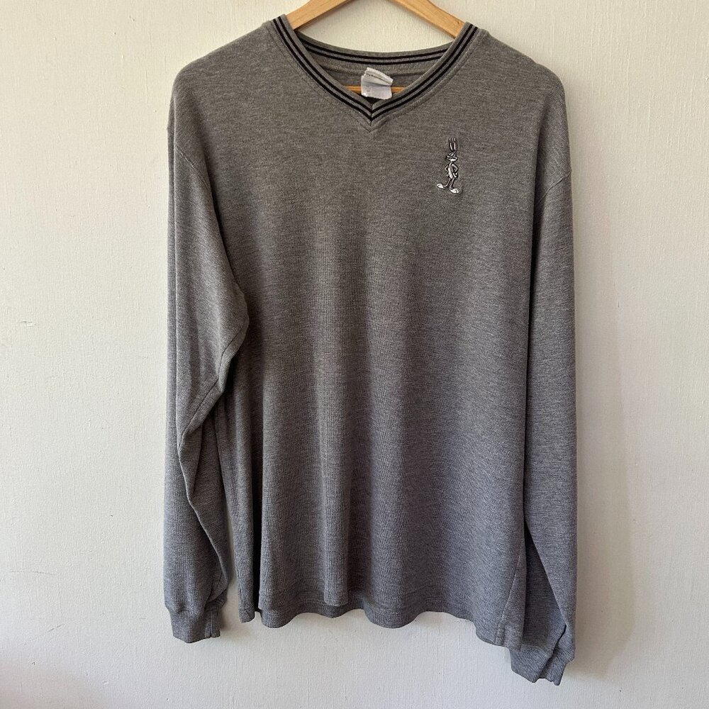 Warner Brothers Thermal Shirt Womens Medium Gray VTG Long Sleeve Bugs Bunny